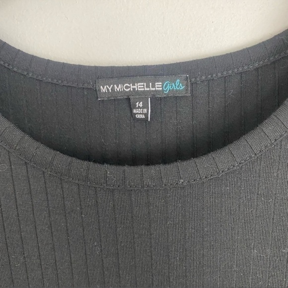 My Michelle Girls Black Ribbed Leopard Print Short Puff Sleeve Dress Sz 14 NEW - Picture 2 of 9